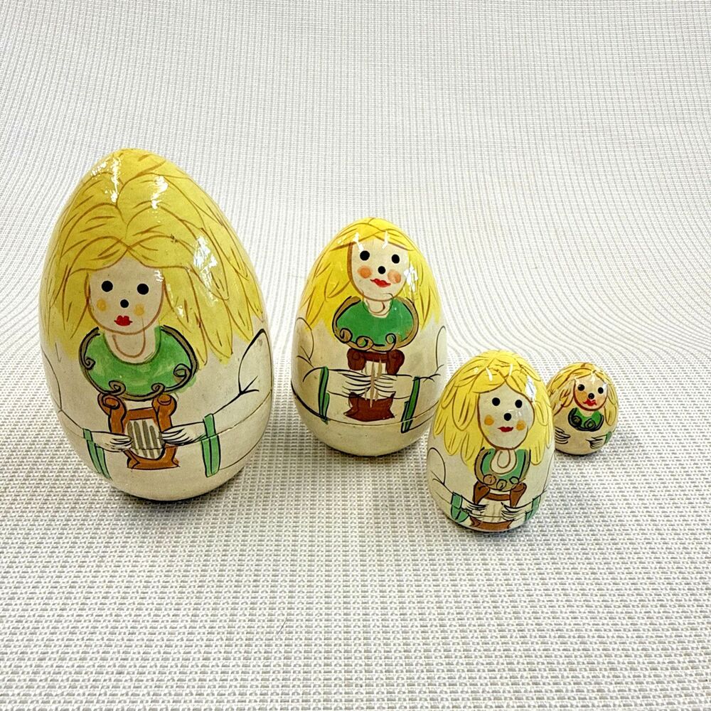 Vintage Angel Wooden Nesting Dolls Holding Harp, 4 Nesting Pieces